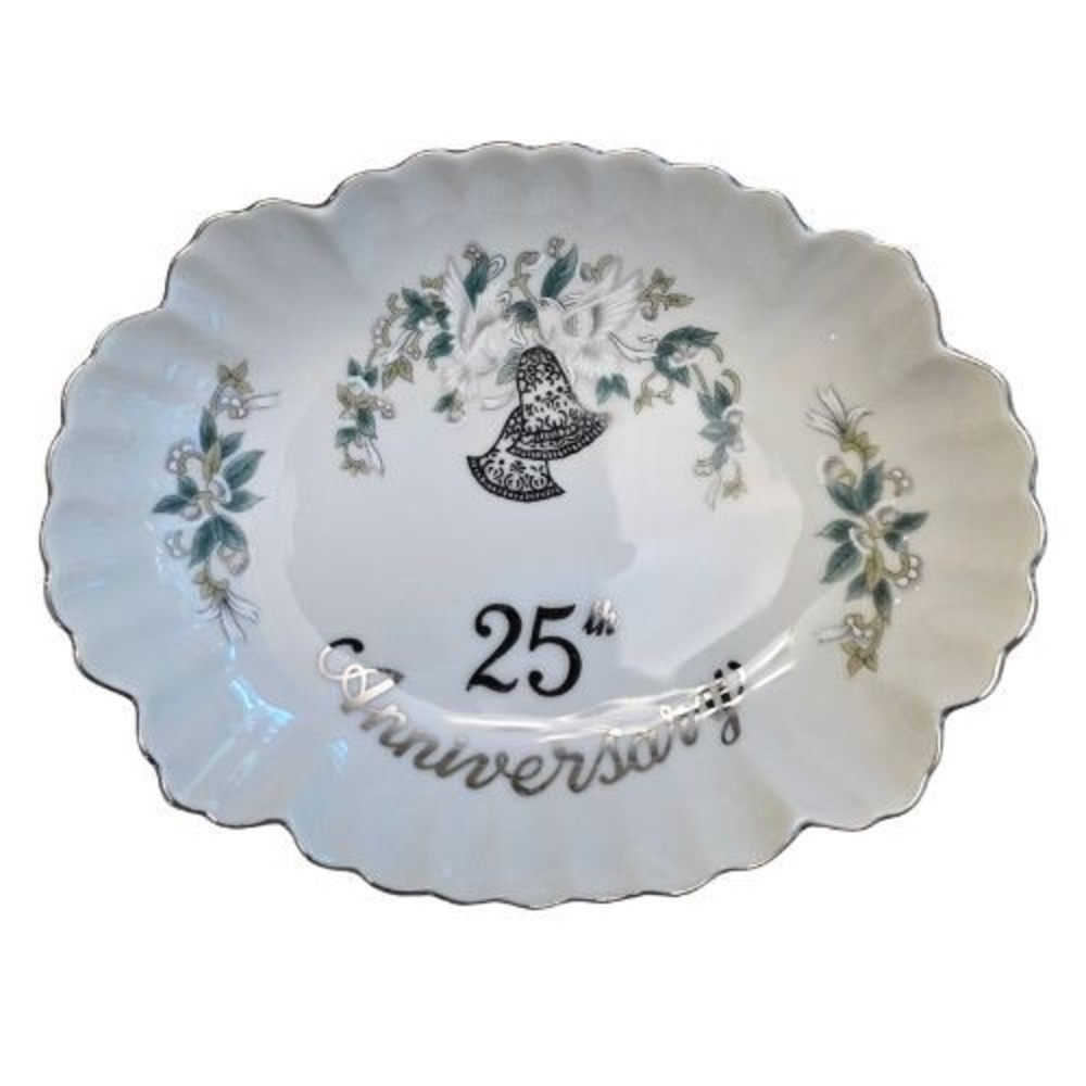 25th Silver Anniversary Porcelain Trinket Dish Scalloped Oval Tray Doves Bells